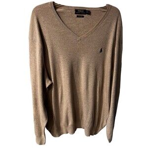Polo Ralph Lauren Sweater Mens 2XL Beige V-Neck Pima Cotton Pullover Golf Preppy